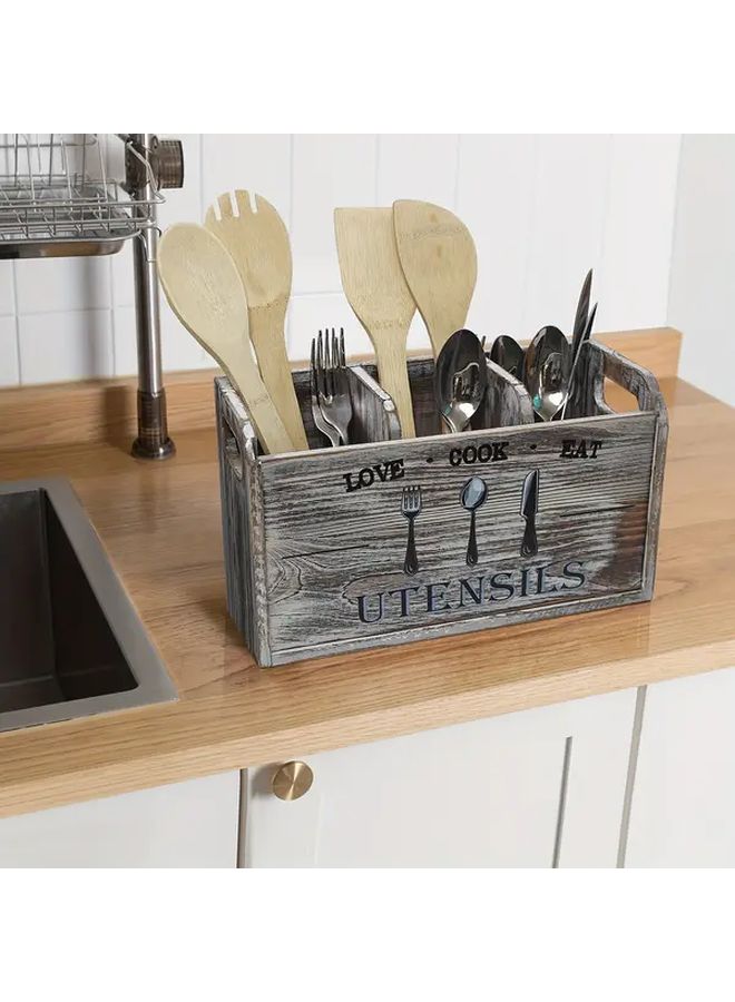Baked Color Distressed Wooden Utensil Organizer Box With Cook Eat Design - Image 4
